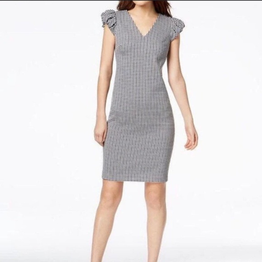 Calvin Klein Sheath Dress Size 10 Gingham Puff Sleeve Easter Spring‎ Navy Black